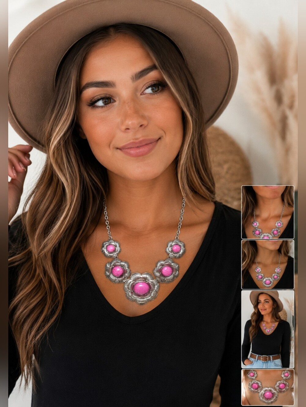 Silver Tone Floral Statement Necklace Pink Turquoise-Look Stones 12.5"